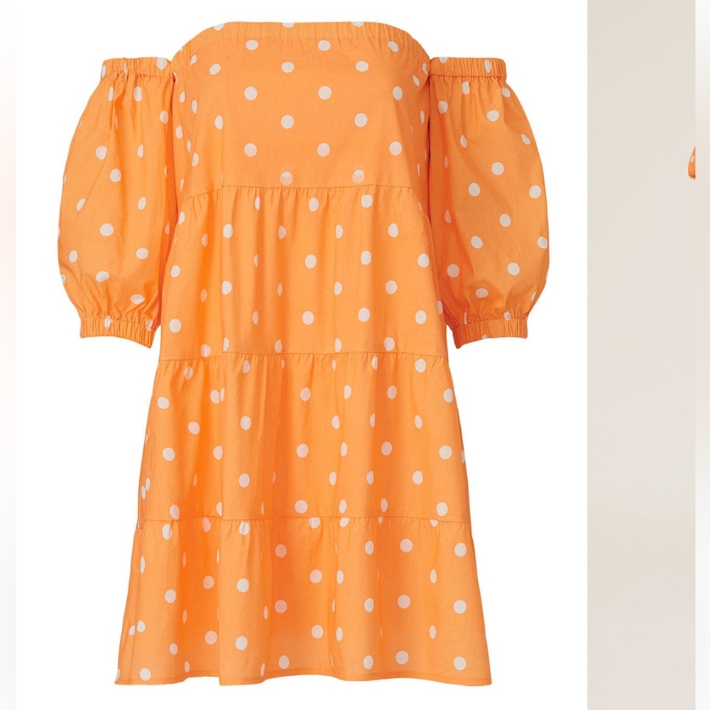 Color Me Courtney Quinn Dress- Orange Polka Dot Off-Shoulder Mini Dress